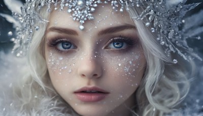 1girl,solo,long hair,looking at viewer,blue eyes,blonde hair,hair ornament,white hair,parted lips,teeth,artist name,lips,eyelashes,makeup,portrait,snow,close-up,freckles,snowing,realistic,nose,snowflakes,snowflake hair ornament,eye focus