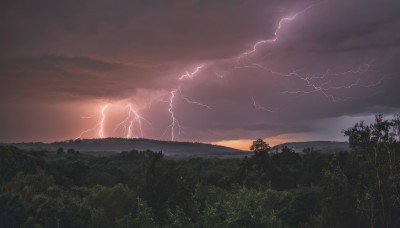 outdoors,sky,cloud,tree,no humans,cloudy sky,grass,nature,scenery,forest,sunset,mountain,electricity,lightning,landscape,ocean,horizon,dark