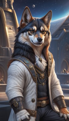 solo,looking at viewer,smile,gloves,1boy,animal ears,brown eyes,jewelry,sitting,male focus,outdoors,open clothes,sky,belt,pants,artist name,necklace,coat,night,animal,black pants,moon,building,star (sky),night sky,furry,buckle,full moon,pendant,starry sky,dog,belt buckle,furry male,shirt,long sleeves,jacket,solo focus,fur trim,no humans,watermark,brown belt,brown fur