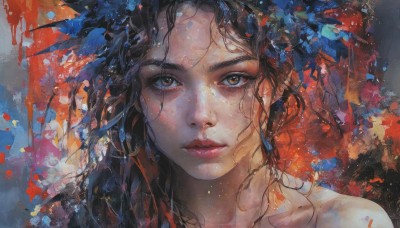 1girl,solo,long hair,looking at viewer,brown hair,black hair,bare shoulders,brown eyes,closed mouth,lips,wet,eyelashes,expressionless,messy hair,portrait,realistic,nose,bangs,collarbone,nude,red lips,straight-on