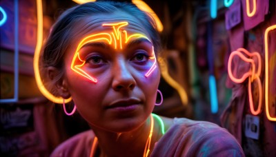 HQ,1girl,solo,looking at viewer,short hair,brown eyes,jewelry,closed mouth,blue hair,earrings,teeth,dark skin,blurry,dark-skinned female,lips,tattoo,makeup,blurry background,facial mark,portrait,hoop earrings,realistic,nose,facepaint,facial tattoo,purple lips,cyberpunk,neon lights,parted lips,artist name,necklace,glowing,looking up,lipstick