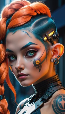 1girl,solo,long hair,looking at viewer,hair ornament,bare shoulders,jewelry,green eyes,blue hair,braid,multicolored hair,earrings,artist name,orange hair,mole,blurry,lips,eyelashes,single braid,tattoo,makeup,piercing,ear piercing,portrait,eyeshadow,freckles,science fiction,asymmetrical hair,realistic,nose,eyeliner,undercut,facial tattoo,cyborg,mascara,cyberpunk,upper body,parted lips,sleeveless,hairclip,necklace,watermark,lipstick,web address,close-up,facepaint