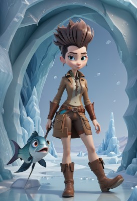 1girl,solo,smile,short hair,blue eyes,brown hair,black hair,jewelry,jacket,full body,earrings,boots,shorts,belt,artist name,water,lips,animal,brown footwear,spiked hair,bike shorts,fish,walking,ice,leather,breasts,navel,holding,standing,weapon,cropped jacket,brown jacket,brown shorts,mohawk