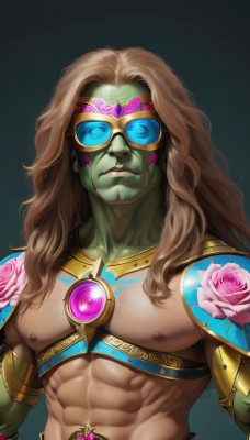 solo,long hair,looking at viewer,blue eyes,simple background,brown hair,1boy,navel,nipples,upper body,flower,male focus,armor,gradient,gradient background,blood,mask,muscular,glowing,rose,colored skin,abs,pectorals,muscular male,gem,pink flower,green background,topless male,green skin,pink rose,blonde hair,closed mouth,collarbone,glasses,tattoo,facial hair,wavy hair,shoulder armor,veins,shoulder pads