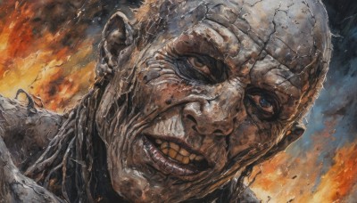 solo,looking at viewer,smile,open mouth,blue eyes,1boy,male focus,teeth,grin,no humans,fire,clenched teeth,portrait,monster,realistic,alien,embers,burning,artist name,signature