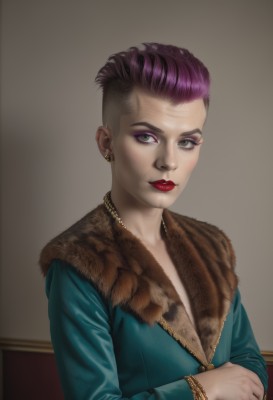 1girl,solo,looking at viewer,short hair,long sleeves,jewelry,green eyes,upper body,pink hair,purple hair,multicolored hair,earrings,necklace,bracelet,two-tone hair,lips,grey eyes,fur trim,eyelashes,makeup,piercing,lipstick,ear piercing,eyeshadow,realistic,nose,red lips,eyeliner,very short hair,undercut,mascara,breasts,cleavage,artist name,signature