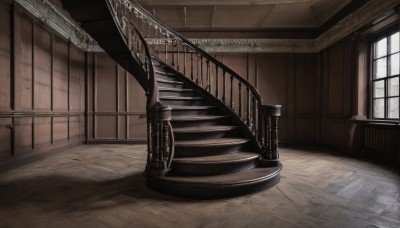 day,indoors,no humans,window,shadow,sunlight,scenery,light rays,wooden floor,stairs,still life,chair,curtains,door,railing,wall