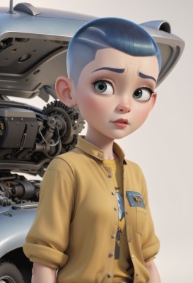 1girl,solo,looking at viewer,blush,short hair,simple background,shirt,jewelry,blue hair,jacket,upper body,short sleeves,earrings,parted lips,collared shirt,belt,black eyes,lips,makeup,robot,ground vehicle,motor vehicle,forehead,freckles,science fiction,yellow shirt,car,very short hair,blue eyes,1boy,white background,green eyes,male focus,open clothes,artist name,aged down,child,pocket,breast pocket,male child