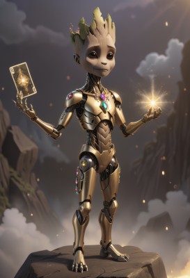 solo,1boy,holding,brown eyes,jewelry,standing,full body,male focus,outdoors,sky,cloud,no humans,glowing,crown,robot,gem,science fiction,rock,card,joints,robot joints,alien,humanoid robot,looking at viewer,smoke,android,mechanical parts,dust,tarot