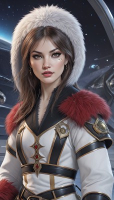 1girl,solo,long hair,looking at viewer,brown hair,long sleeves,brown eyes,jewelry,upper body,earrings,parted lips,belt,hood,mole,lips,coat,fur trim,mole under eye,makeup,lipstick,star (sky),freckles,realistic,nose,white coat,red lips,space,planet,earth (planet),breasts,bangs,artist name,parted bangs,eyelashes,facial mark,gem,hood up