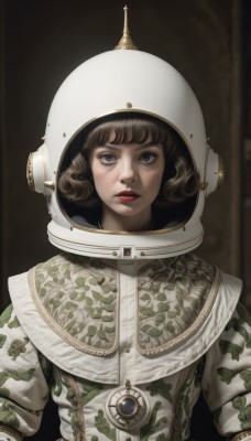 1girl,solo,looking at viewer,short hair,bangs,blue eyes,brown hair,closed mouth,upper body,belt,armor,blurry,lips,grey eyes,makeup,helmet,lipstick,curly hair,realistic,red lips,straight-on,spacesuit,simple background,expressionless,space helmet,astronaut