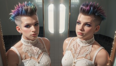 1girl,solo,breasts,looking at viewer,short hair,blue eyes,black hair,dress,bare shoulders,jewelry,medium breasts,closed mouth,blue hair,upper body,pink hair,purple hair,multicolored hair,earrings,indoors,two-tone hair,lips,clothing cutout,eyelashes,makeup,lace,reflection,mirror,realistic,nose,undercut,mascara,different reflection,looking at mirror,white dress,grey eyes,multiple views,piercing,spiked hair,train interior,mohawk