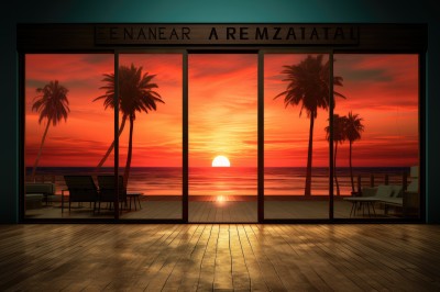PREMIUM,outdoors,sky,cloud,indoors,english text,tree,no humans,window,ocean,chair,beach,table,cloudy sky,scenery,sunset,wooden floor,palm tree,sun,horizon,evening,orange sky,red sky,water,copyright name,sunlight,plant,desk,reflection,door,computer,television,gradient sky