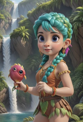 1girl,solo,long hair,looking at viewer,smile,blue eyes,hair ornament,holding,bare shoulders,jewelry,blue hair,standing,braid,flower,cowboy shot,earrings,outdoors,parted lips,teeth,day,belt,water,twin braids,flat chest,bracelet,leotard,tree,lips,aqua hair,bird,leaf,aged down,plant,child,nature,hair over shoulder,armlet,freckles,female child,waterfall,blush,green hair,necklace,feathers,armband,tribal