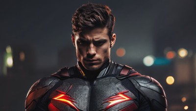 solo,short hair,brown hair,black hair,1boy,closed mouth,upper body,male focus,dark skin,blurry,bodysuit,night,blurry background,realistic,superhero,looking at viewer,armor,facial hair,portrait,power armor