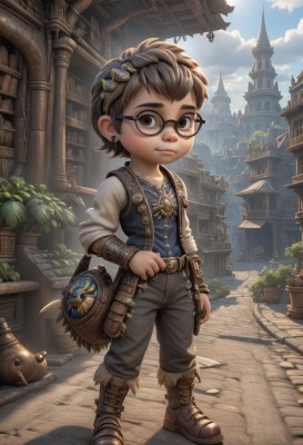 solo,looking at viewer,short hair,brown hair,shirt,hair ornament,long sleeves,1boy,brown eyes,jewelry,closed mouth,standing,full body,male focus,hairband,earrings,boots,outdoors,sky,glasses,day,belt,pants,cloud,bag,vest,blue sky,lips,brown footwear,cloudy sky,blue shirt,plant,building,child,buckle,black-framed eyewear,pouch,city,fantasy,stud earrings,potted plant,male child,architecture,crate,artist name,watermark,clock,steampunk