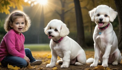 HQ,1girl,looking at viewer,smile,short hair,open mouth,blue eyes,brown hair,shirt,long sleeves,hat,sitting,full body,hairband,outdoors,shoes,day,tongue,pants,tongue out,blurry,black eyes,collar,sweater,tree,blurry background,animal,leaf,brown footwear,denim,pink shirt,dog,jeans,realistic,indian style,autumn leaves,animal collar,autumn,solo,child