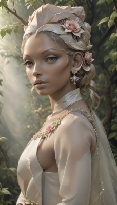 1girl,solo,long hair,breasts,looking at viewer,blonde hair,hair ornament,dress,jewelry,medium breasts,upper body,braid,flower,white hair,earrings,small breasts,outdoors,parted lips,hair flower,dark skin,white dress,blurry,bracelet,from side,dark-skinned female,tree,lips,grey eyes,eyelashes,sideboob,blurry background,rose,leaf,nature,pink flower,forest,freckles,realistic,nose,blue eyes,closed mouth,artist name,necklace,see-through,sunlight,plant,gem,branch,dappled sunlight