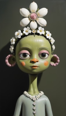 1girl,solo,looking at viewer,simple background,hair ornament,brown eyes,upper body,flower,male focus,hair flower,lips,makeup,colored skin,blush stickers,child,eyeshadow,green skin,head wreath,eyelashes,no humans,bird,lipstick,monster girl,realistic,plant girl,flower necklace