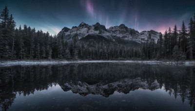 outdoors,sky,cloud,water,tree,no humans,night,star (sky),nature,night sky,scenery,snow,forest,starry sky,reflection,mountain,winter,river,landscape,lake,pine tree,aurora,reflective water,milky way