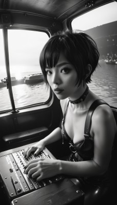 1girl,solo,breasts,looking at viewer,short hair,cleavage,bare shoulders,sitting,monochrome,greyscale,small breasts,choker,water,collar,lips,ocean,ground vehicle,instrument,motor vehicle,realistic,watercraft,playing instrument,car interior,bangs,dress,medium breasts,collarbone,parted lips,sleeveless,sleeveless dress,spikes,nose,music,spiked collar