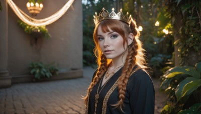 1girl,solo,long hair,looking at viewer,bangs,blue eyes,brown hair,dress,jewelry,upper body,braid,outdoors,parted lips,day,artist name,necklace,blurry,twin braids,lips,depth of field,blurry background,sunlight,tiara,crown,plant,freckles,realistic,breasts,closed mouth,earrings,pillar