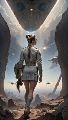 1girl,solo,long hair,brown hair,holding,standing,ponytail,weapon,ass,braid,boots,outdoors,sky,glasses,cloud,signature,from behind,uniform,military,military uniform,knee boots,robot,scenery,low-tied long hair,walking,science fiction,rock,mountain,realistic,aircraft,kneepits,airplane,alien,spacecraft,energy gun,jet,skirt,very long hair,legs,single braid,pencil skirt,sun,planet,dirty,soldier,insignia,laser