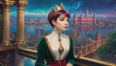 1girl,solo,short hair,long sleeves,dress,brown eyes,jewelry,upper body,purple hair,braid,outdoors,sky,cloud,water,necklace,tree,lips,looking to the side,night,looking away,tiara,crown,brooch,building,gem,scenery,city,railing,looking afar,bridge,castle,lake,bangs,artist name,star (sky),night sky,reflection,realistic,fantasy,cityscape