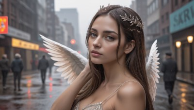 1girl,long hair,breasts,looking at viewer,brown hair,black hair,hair ornament,dress,cleavage,bare shoulders,brown eyes,medium breasts,closed mouth,upper body,outdoors,multiple boys,wings,solo focus,day,white dress,blurry,lips,grey eyes,depth of field,blurry background,building,feathered wings,hand on own face,angel wings,city,realistic,nose,white wings,angel,street,solo,jewelry,earrings,artist name,road,artist logo