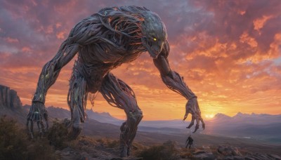 1boy,standing,yellow eyes,outdoors,sky,cloud,glowing,cloudy sky,scenery,glowing eyes,1other,science fiction,sunset,monster,mountain,fantasy,sun,size difference,giant,alien,mountainous horizon,teeth,orange sky,red sky