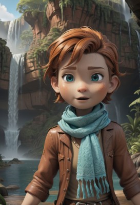 1girl,solo,looking at viewer,smile,short hair,open mouth,blue eyes,brown hair,shirt,jacket,upper body,outdoors,parted lips,open clothes,sky,teeth,day,belt,water,scarf,orange hair,open jacket,tree,coat,plant,child,buckle,sleeves rolled up,freckles,brown jacket,belt buckle,female child,blue scarf,fringe trim,river,waterfall,red hair,artist name,cloud,aqua eyes,lips,watermark,thick eyebrows,aged down,web address,emblem,leather,leather jacket,paradis military uniform,cliff