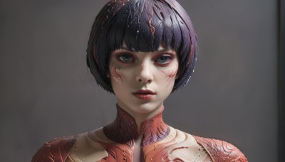 1girl,solo,looking at viewer,short hair,bangs,blue eyes,black hair,parted lips,teeth,blunt bangs,grey background,black eyes,lips,grey eyes,makeup,bob cut,lipstick,portrait,science fiction,realistic,android,red lips,straight-on,simple background,green eyes,upper body,eyelashes,tattoo,eyeshadow,nose,eyeliner,facepaint,facial tattoo,full-body tattoo