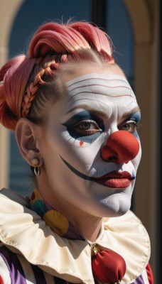 1girl,solo,looking at viewer,brown eyes,jewelry,closed mouth,pink hair,braid,red hair,multicolored hair,earrings,hair bun,blurry,black eyes,lips,makeup,mask,blurry background,facial mark,lipstick,portrait,realistic,nose,red lips,crown braid,facepaint,neck ruff,clown,smile,heart,artist name,indoors,orange hair,grey eyes,facial hair,eyeshadow,mustache,eyeliner