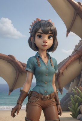 1girl,solo,breasts,looking at viewer,smile,short hair,bangs,brown hair,shirt,black hair,thighhighs,gloves,brown eyes,closed mouth,standing,collarbone,short sleeves,cowboy shot,small breasts,boots,outdoors,wings,horns,sky,day,collared shirt,belt,pants,artist name,cloud,signature,dark skin,water,dark-skinned female,blue sky,lips,ocean,thigh boots,beach,bob cut,thick eyebrows,blue shirt,plant,claws,buckle,brown gloves,freckles,dragon girl,borrowed character,nose,sand,dragon,brown belt,leather,brown pants,dragon wings,desert,leather gloves,hair ornament,arms at sides,horizon,brown shorts