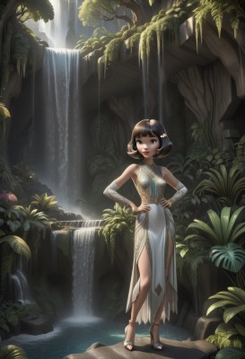 1girl,solo,breasts,short hair,bangs,brown hair,black hair,hair ornament,dress,bare shoulders,brown eyes,jewelry,medium breasts,standing,full body,small breasts,outdoors,parted lips,detached sleeves,blunt bangs,water,necklace,high heels,tree,lips,looking to the side,makeup,leaf,looking away,sandals,bob cut,plant,lipstick,nature,scenery,pelvic curtain,forest,hands on hips,rock,waterfall,shoes