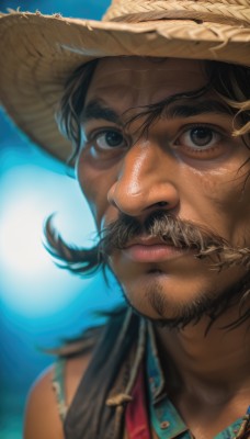 solo,looking at viewer,brown hair,black hair,1boy,hat,brown eyes,closed mouth,male focus,blurry,black eyes,lips,blurry background,facial hair,thick eyebrows,portrait,beard,close-up,realistic,mustache,brown headwear,straw hat,shirt,upper body,outdoors,sky,day,blue sky,depth of field,looking up,nose,looking afar