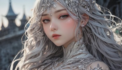 1girl,solo,long hair,looking at viewer,hair ornament,jewelry,white hair,grey hair,earrings,outdoors,parted lips,day,blurry,lips,grey eyes,eyelashes,depth of field,blurry background,bug,tiara,butterfly,portrait,close-up,blush,bangs,dress,sky,makeup,floating hair,wavy hair,expressionless,wind,realistic,nose,red lips,head chain