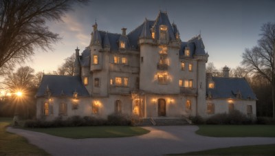 HQ,outdoors,sky,cloud,tree,no humans,window,night,cloudy sky,grass,building,scenery,sunset,sun,road,house,lamppost,bare tree,castle,tower,path,town,nature,forest,fantasy,door,bush,church