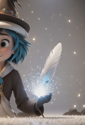 1girl,solo,blush,short hair,gloves,long sleeves,hat,holding,brown eyes,closed mouth,blue hair,upper body,flower,black gloves,witch hat,feathers,freckles,witch,magic,smile,artist name,blurry,black headwear,depth of field,glowing,watermark,web address,snowflakes,dandelion