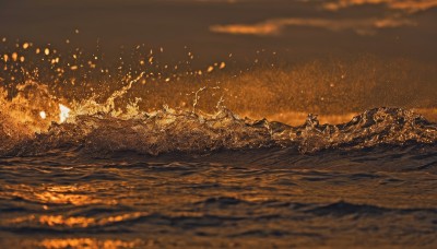 outdoors,sky,cloud,water,blurry,no humans,ocean,beach,cloudy sky,scenery,rock,horizon,splashing,sepia,waves,brown theme,orange theme,night,fire,sunset,watercraft