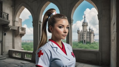 1girl,solo,long hair,breasts,looking at viewer,blue eyes,brown hair,upper body,ponytail,outdoors,sky,day,cloud,blue sky,lips,window,cloudy sky,cross,high ponytail,building,realistic,nose,nurse cap,nurse,church,red cross