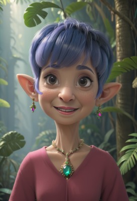 1girl,solo,looking at viewer,smile,short hair,open mouth,bangs,shirt,brown eyes,jewelry,blue hair,collarbone,upper body,earrings,outdoors,teeth,day,pointy ears,necklace,grin,blurry,tree,lips,blurry background,leaf,gem,red shirt,nature,forest,freckles,pink shirt,realistic,artist name,makeup,plant,elf