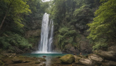 1girl, solo, outdoors, day, water, tree, nature, scenery, forest, rock, waterfall