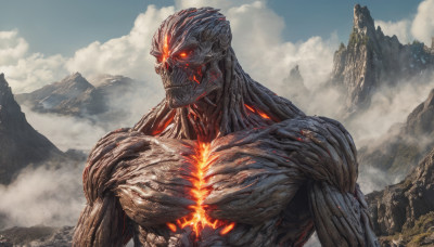 solo, red eyes, upper body, outdoors, sky, day, cloud, no humans, glowing, glowing eyes, science fiction, monster, mountain, alien, kaijuu