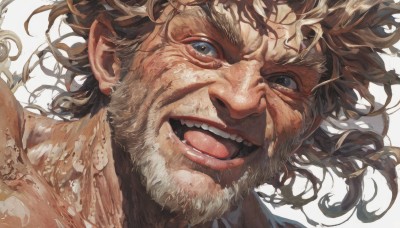 solo,looking at viewer,smile,open mouth,blue eyes,blonde hair,simple background,brown hair,1boy,white background,:d,male focus,teeth,facial hair,messy hair,portrait,beard,close-up,realistic,manly,old,old man,tongue,floating hair,veins