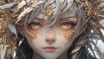 1girl,solo,looking at viewer,short hair,bangs,hair ornament,hair between eyes,closed mouth,yellow eyes,white hair,grey hair,blurry,lips,eyelashes,depth of field,blurry background,feathers,portrait,close-up,realistic,red lips,gold,eye focus,heterochromia,expressionless,nose,head chain