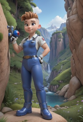 1girl,solo,breasts,looking at viewer,smile,short hair,blue eyes,brown hair,shirt,gloves,holding,brown eyes,closed mouth,standing,full body,white shirt,weapon,flower,short sleeves,small breasts,boots,outdoors,sky,day,belt,cloud,white gloves,water,tree,blue sky,hand on hip,gun,grass,nature,genderswap (mtf),blue footwear,mountain,overalls,waterfall,energy gun,1boy,male focus,rock,male child