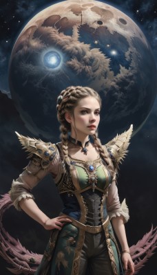 1girl,solo,long hair,breasts,brown hair,hair ornament,dress,brown eyes,jewelry,standing,braid,cowboy shot,parted lips,sky,choker,pants,signature,necklace,armor,twin braids,bracelet,lips,hand on hip,makeup,moon,feathers,lipstick,gem,star (sky),corset,gold trim,nose,red lips,space,planet,earth (planet),multiple braids,teeth,artist name,night,shoulder armor,night sky,hair over shoulder,full moon,realistic,crown braid