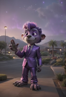 solo,smile,shirt,1boy,animal ears,green eyes,standing,jacket,full body,white shirt,purple hair,male focus,outdoors,necktie,sky,collared shirt,pants,artist name,hand up,tree,night,formal,thick eyebrows,suit,star (sky),night sky,claws,furry,starry sky,waving,palm tree,road,furry male,lamppost,purple necktie,looking at viewer,short hair,long sleeves,closed mouth,purple eyes,teeth,cloud,signature,buttons,watermark,black pants,happy,grass,ground vehicle,building,web address,motor vehicle,sunset,purple shirt,car,bush,pink jacket,purple jacket,male child,body fur,house,white fur,animal nose,street,two-tone fur,purple sky,crosswalk