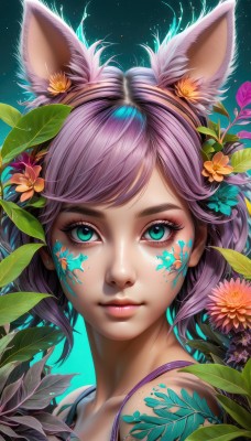 1girl,solo,looking at viewer,short hair,bangs,hair ornament,animal ears,bare shoulders,closed mouth,green eyes,collarbone,purple hair,flower,hairband,artist name,cat ears,hair flower,aqua eyes,lips,fox ears,eyelashes,makeup,swept bangs,leaf,facial mark,plant,portrait,eyeshadow,pink lips,nose,whisker markings,facepaint,mascara,blue eyes,realistic